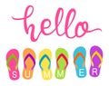 Vector hello summer text with colorful flip flops Royalty Free Stock Photo