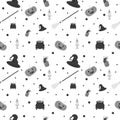 Vector Helloween seamless pattern in graphic style witn Jack lamp, pumpkin, witch hat, poison, broom and pot. Royalty Free Stock Photo