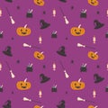 Vector Helloween seamless pattern witn Jack latern or lamp, pumpkin, spider, witch hat, broom and pot or cauldron. Royalty Free Stock Photo