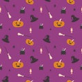 Vector Helloween seamless pattern witn Jack latern or lamp, pumpkin, spider, witch hat, broom and pot or cauldron.