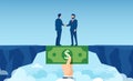 Vector of a helping hand with dollar bill bridging economy gap assisting businesspeople to overcome financial difficulties Royalty Free Stock Photo