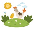 Vector hen with baby chicken on lawn under the sun. Cute cartoon family scene illustration for kids. Farm birds on nature Royalty Free Stock Photo