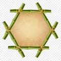 Hexagonal green bamboo stick border with rope, old paper or worn canvas