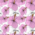 Vector Hibiscus floral tropical flowers. Engraved ink art on white background. Seamless background pattern. Royalty Free Stock Photo