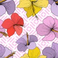 Vector Hibiscus floral tropical flowers. Engraved ink art on white background. Seamless background pattern. Royalty Free Stock Photo