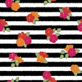 Vector Hibiscus Flowers in Pink Red Orange with Green Leaves on Black and White Stripes Seamless Repeat Pattern Royalty Free Stock Photo