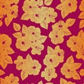 Vector Hibiscus Flowers Silhouettes in Yellow and Orange Ombre on Pink Background Seamless Repeat Pattern. Background Royalty Free Stock Photo