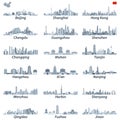 Vector high detailed illustration of chinese largest city skylines in tints of blue color palette with map and flag of China