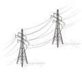 Vector high voltage pylons on white background, isometric 3d perspective.