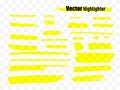 Highlighter brush set. Vector hand drawn yellow highlight marker stripes.