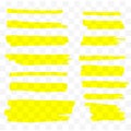 Highlighter brush set. Hand drawn yellow highlight marker stripes. Vector illustration