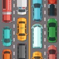 Vector highway road with cars and vehicles top view illustration