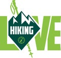Vector hiking emblem labels with mountains and trekking pole. `I love hiking` Royalty Free Stock Photo