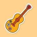 Vector Hippie Guitar sticker isolated on yellow background. 70s style cartoon music instrument with flower pattern