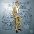 Vector Hipstar Man With Laptop in His Hands Royalty Free Stock Photo