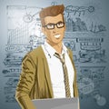 Vector Hipstar Man With Laptop in His Hands Royalty Free Stock Photo