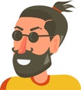 Vector hipster character with beard. Flat, cardboard portrait.Man wearing round sunglasses and an elastic band.City resident. Royalty Free Stock Photo