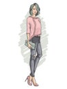 Vector hipster girl dressed in ripped jeans, sweater, court shoes with a clutch bag in his hand, color sketch Royalty Free Stock Photo