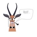 Vector hipster horned antelope wearing bowtie monocle, pipe saying hello