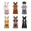 Vector hipster horse head in glasses ,bow. Flat cartoon style Royalty Free Stock Photo