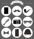 Vector hipster icons set with notebook, pipe, hat, bow, mobile phone, vintage camera, glasses, mustache in flat style. Royalty Free Stock Photo