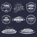 Vector hipster italian food logos. Modern pasta and pizza signs etc. Hand drawn mediterranean cuisine illustrations.