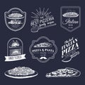 Vector hipster italian food logos. Modern pasta and pizza signs etc. Hand drawn mediterranean cuisine illustrations.