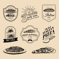 Vector hipster italian food logos. Modern pasta and pizza signs etc. Hand drawn mediterranean cuisine illustrations.