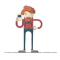 Vector hipster man illustration with smartphone