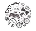 Vector Hipster style infographics elements and icons set for retro design. Bicycle, sunglasses, mustache, type writer Royalty Free Stock Photo