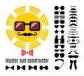 Vector hipster sun constructor with collection of mustaches, glasses, bow ties and a pipe