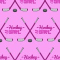 Vector hockey girl lettering. Ice hockey stick with puck seamless pattern. Ice hockey sports equipment on pink Royalty Free Stock Photo