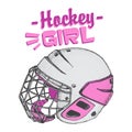 Vector hockey girl lettering. Isolated pink hockey helmet with mask for woman on white background. Ice hockey sports