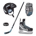 Vector hockey icons set in flat style. Ice equipment collection, puck, stick etc. Sport gear images for clubs etc.