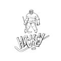 Vector hockey player goalkeeper in sports uniform. Black white outline illustration vintage sportsman and inscription Royalty Free Stock Photo