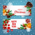 Vector holiday background with fir tree branches, ornaments and Merry Christmas letters. Hanging balls and ribbons. Isolated Chris Royalty Free Stock Photo