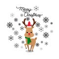 Vector holiday Christmas greeting card with cartoon red nose reindeer, snow flakes
