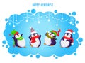 Vector holiday Christmas greeting card with four cartoon penguins. Different clothing and santa hats, various poses