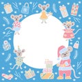 Vector holiday frame with hand drawn mice and gifts, 2020, winter, Christmas
