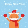 Vector holiday illustration of a cute fox in a hat. Merry Christmas and happy New Year . Christmas background with smiling cartoon Royalty Free Stock Photo