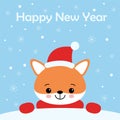 Vector holiday illustration of a cute fox in a hat. Merry Christmas and happy New Year . Christmas background with smiling cartoon Royalty Free Stock Photo