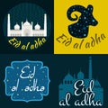Vector holiday illustration Eid Al Adha label. lettering composition of muslim holy month with mosque building, sparkles Royalty Free Stock Photo