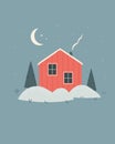Vector holiday illustration, winter scene with lonely standing house in the forest