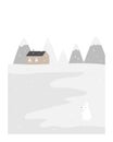 Vector holiday illustration of a winter scene, lonely standing house, mountains and rabbit