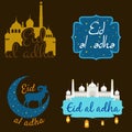 Vector holiday named Eid Al Adha/ Festival of Sacrifice label. lettering composition of muslim holy month with mosque Royalty Free Stock Photo