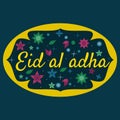 Vector holiday named Eid Al Adha/ Festival of Sacrifice label. lettering composition of muslim holy month with mosque Royalty Free Stock Photo