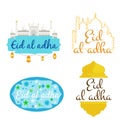 Vector holiday named Eid Al Adha/ Festival of Sacrifice label. lettering composition of muslim holy month with mosque Royalty Free Stock Photo