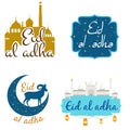 Vector holiday named Eid Al Adha/ Festival of Sacrifice label. lettering composition of muslim holy month with mosque Royalty Free Stock Photo