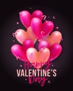 Vector holiday romantic illustration with realistic 3D flying bunch of air balloon hearts, confetti and ribbons. Trendy Valentine