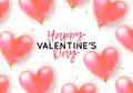 Vector holiday romantic illustration with realistic 3D flying bunch of air balloon hearts, confetti. Trendy Valentine`s Day Royalty Free Stock Photo